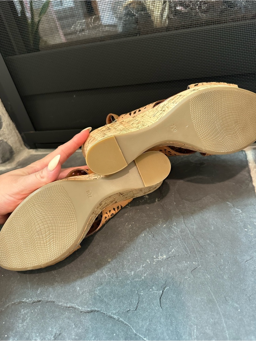 Nicole Party Laser Cut Cork Wedge Sandals Tan Leather Boho Size 7.5 - Picture 7 of 7
